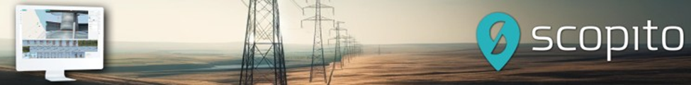 scopito platform on a computer monitor against the background of a transmission powerline traveling into the horizon with the scopito logo.